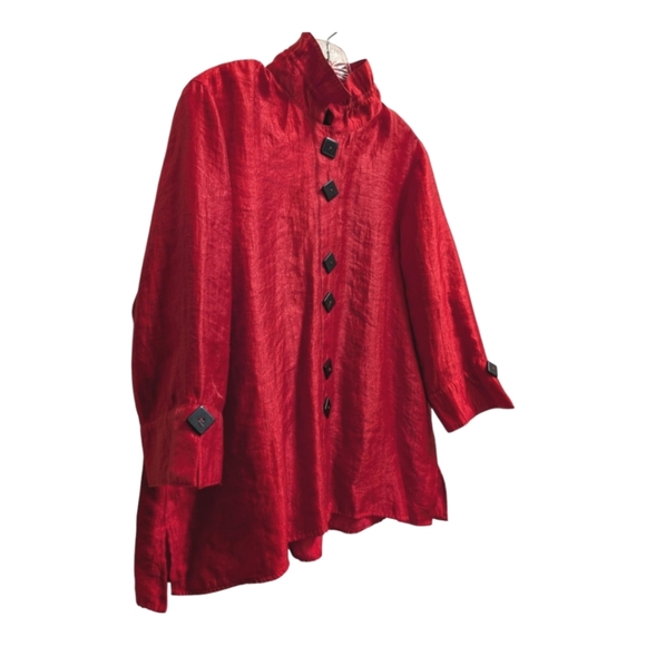 Ali Miles Shimmer Red Blouse 3/4 Sleeve High Collar Artsy - Picture 4 of 6
